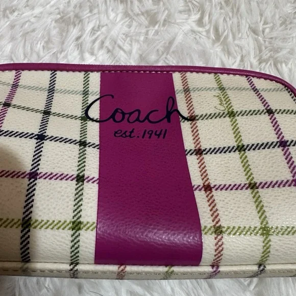 Coach Peyton Tattersall Coated Canvas and Leather Plaid Pink Stripe Cosmetic Bag - Picture 8 of 9